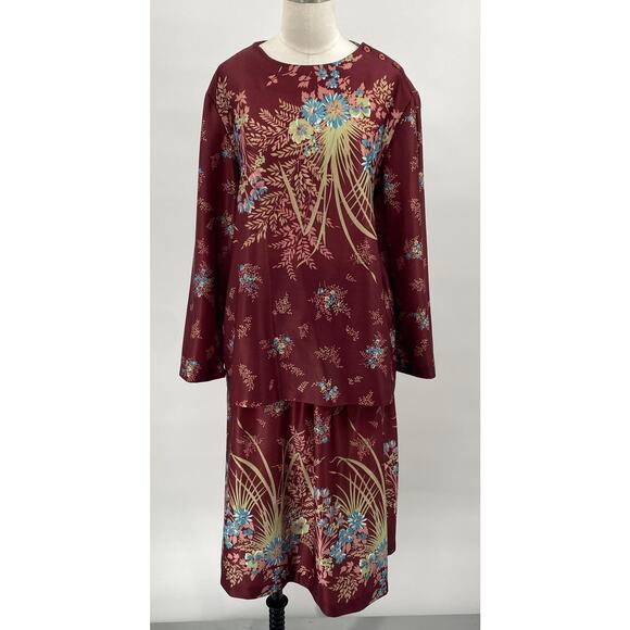 Vintage 70s Floral Print Matching Skirt Set Button Neck Tunic Midi Maroon Small - Picture 7 of 12